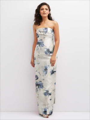 Ivory strapless column dress with draped bodice and blue floral print