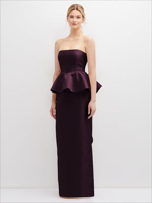 Dark plum strapless satin maxi dress with cascade ruffle peplum and side slit