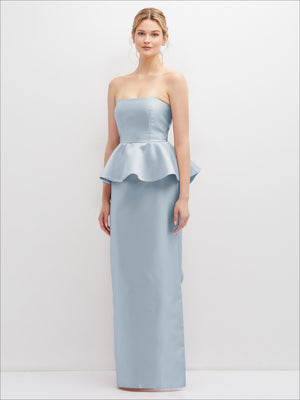 Strapless satin maxi dress in periwinkle, fitted bodice with peplum ruffle at waist