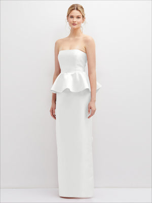 Ivory strapless satin maxi dress with peplum ruffle top and clean, long hem