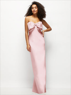 Full-length front view strapless satin column maxi dress with oversized bow, blush pink