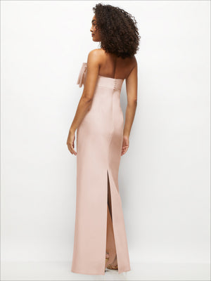 Blush pink strapless satin column maxi dress with open back and front slit