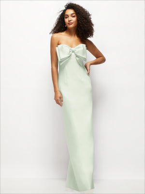 Sage strapless satin column maxi dress with oversized handcrafted bow