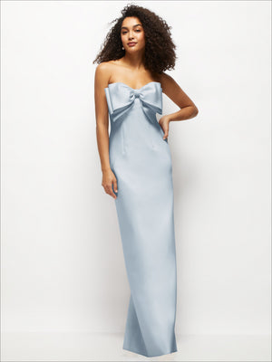 Strapless satin column maxi dress in light blue with large gathered bow at bust