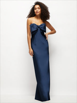 Blue strapless satin column maxi dress with large bow at upper front