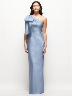 Light blue satin one-shoulder maxi dress with oversized bow detail, smooth straight hem