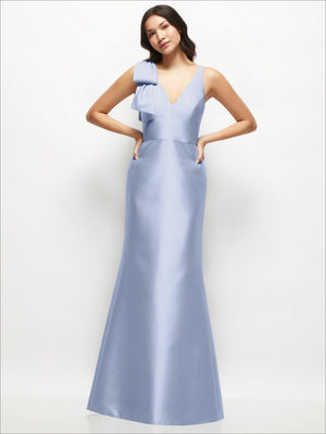Satin trumpet dress with deep V-back and one-shoulder bow, light blue