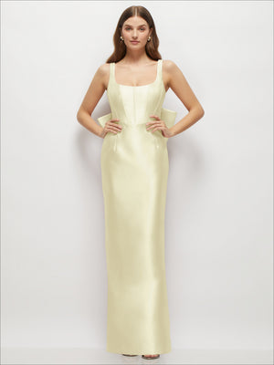 Lemon satin corset maxi dress with square straps, fitted bodice, and straight skirt