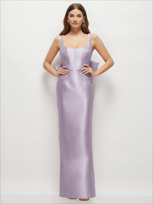 Lilac scoop-neck corset satin maxi dress with thin straps and fitted bodice.