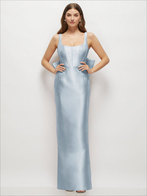 Satin corset maxi dress in light blue, square scoop neckline and fitted waist seams