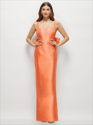 Coral orange satin corset maxi dress with scoop neckline and floor-length bow tails