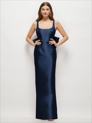 Midnight navy satin corset maxi dress with square neckline and sleeveless straps