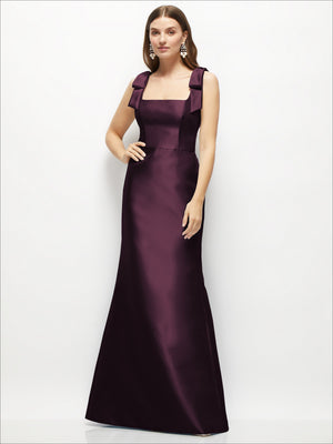 Satin fit-and-flare maxi dress with shoulder bows, burgundy front view
