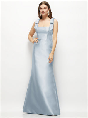 Satin fit-and-flare maxi dress in light blue with shoulder bows, sleeveless square neckline