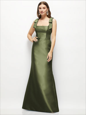 Olive green satin fit-and-flare maxi dress with shoulder bows and square neckline