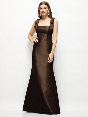 Black satin fit-and-flare maxi dress with square neckline and shoulder bow straps
