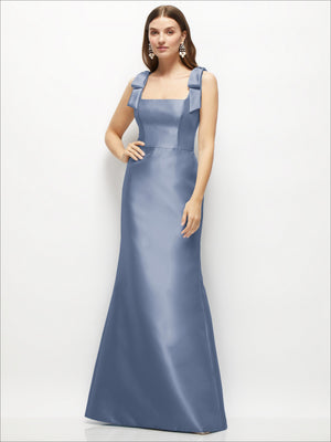Powder blue satin fit-and-flare maxi dress with shoulder bows, square neckline.