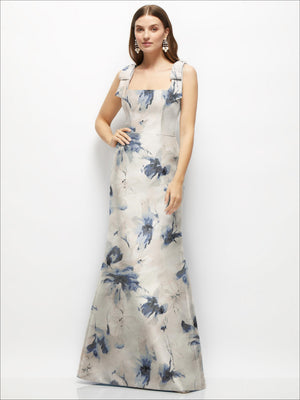 Floral satin fit-and-flare maxi dress in cream with blue floral print and bow shoulder straps