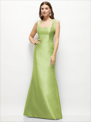 Light green satin square-neck fit-and-flare maxi dress, sleeveless and fitted bodice