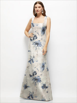 Floral satin maxi dress with square neckline, sleeveless fit-and-flare skirt