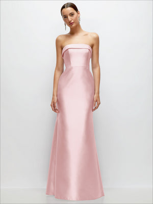 Blush pink satin strapless trumpet gown with bandeau strapless top and smooth drape skirt