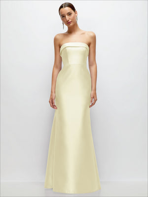 Light champagne satin strapless trumpet gown with straight neckline and fitted bodice