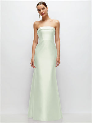 Very light mint green satin strapless trumpet gown with straight bandeau neckline and flare.