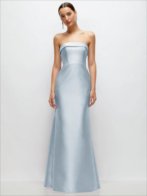 Light blue strapless satin trumpet gown, front view with smooth bandeau bodice
