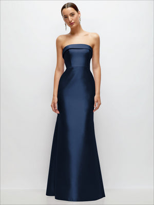 Dark navy strapless satin trumpet gown, front view with wide neckline band
