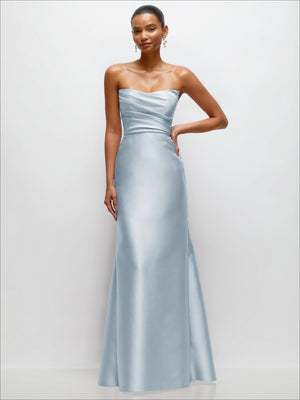 Light blue satin strapless trumpet dress with draped bodice and long column skirt