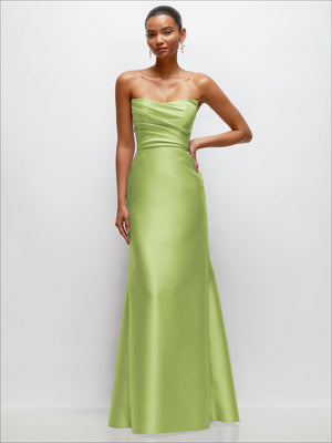 Light green strapless satin gown with draped bodice and trumpet skirt, front view.