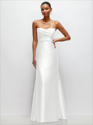 Ivory satin strapless dress with draped bodice and flowing trumpet hem