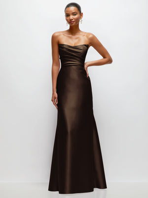 Strapless satin trumpet dress with draped bodice, dark brown