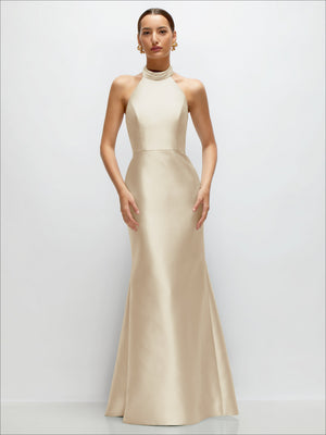 Satin trumpet halter dress with high neck and open-back, ivory color, sleeveless