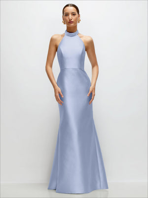 Light blue satin halter trumpet dress with high neckline and sleeveless fit.