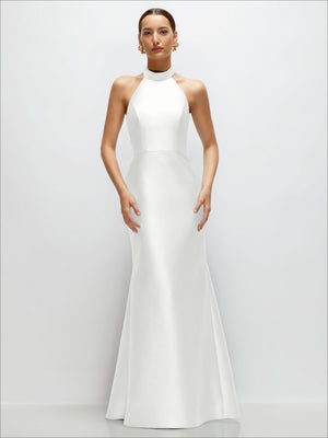 White satin trumpet dress with high halter neck and open back, front view