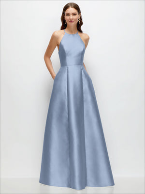 Jewel-neck halter satin maxi dress in light blue, fitted bodice and full A-line skirt