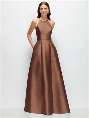 Brown satin halter maxi dress with jewel neckline and full A-line skirt