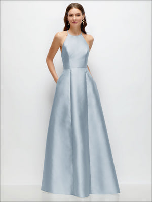 Light blue satin halter maxi dress, jewel neckline, A-line full skirt