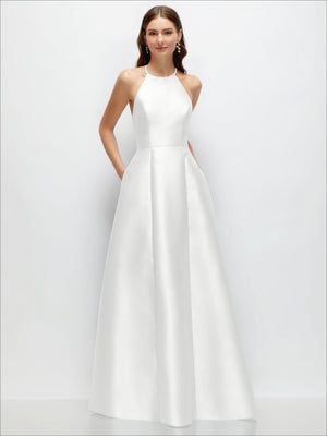 Ivory satin A-line maxi dress with halter neckline and pleated full skirt