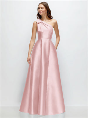 Blush pink one-shoulder satin maxi dress with bow shoulder and full A-line skirt