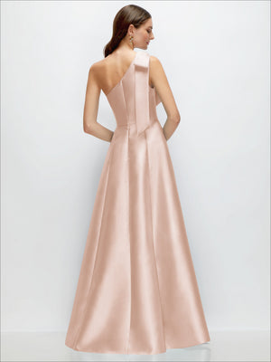 Blush one-shoulder satin A-line maxi dress with draped bow at neckline