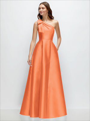 Coral satin one-shoulder maxi dress with bow detail and A-line full skirt
