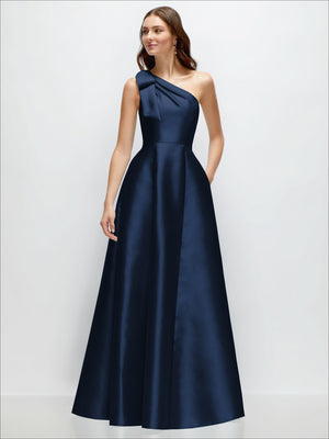 Dark navy one-shoulder satin maxi dress with bow shoulder and full A-line skirt