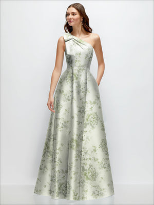 One-shoulder satin maxi dress in light sage with floral print and bow detail