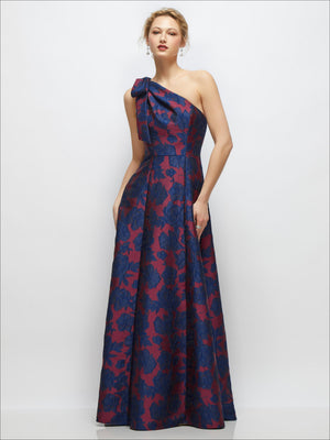 One-shoulder maxi dress in navy with burgundy floral jacquard, side bow detail