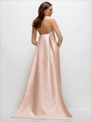 Strapless satin column dress in blush pink, open back with removable watteau train