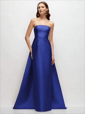 Satin strapless column dress front view with Watteau train, royal blue
