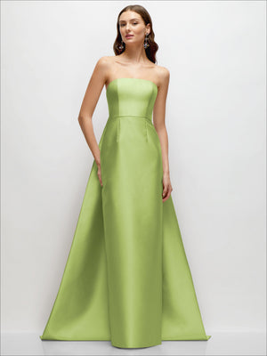 Strapless satin column dress in light lime green, with removable Watteau train