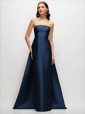 Satin strapless column dress front view with Watteau train, dark navy